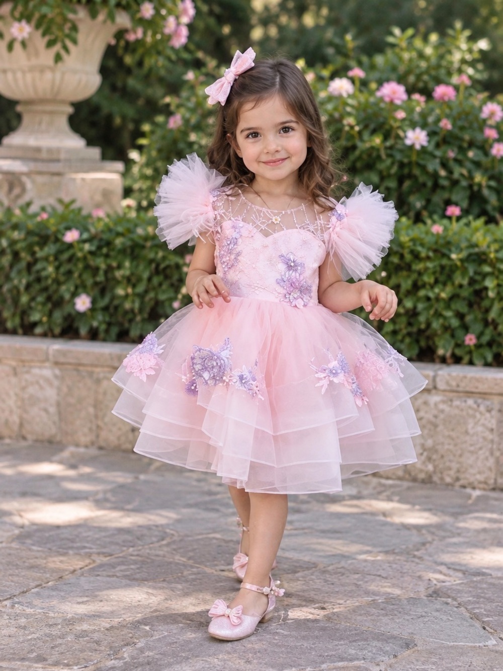 Luxury Pink & Lavender Girls Gown Size 130 - 3D Floral Sequin Party Dress